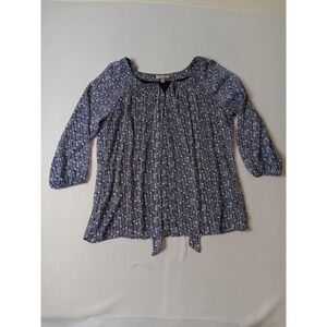 Roz & Ali Womens XL Navy Blue Geometric Pleated Tie Front 3/4 Sleeve Blouse Top
